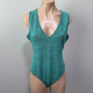 Le Lis Stripe Shimmer Bodysuit Large Blue V-Neck Blue Purple Green NEW